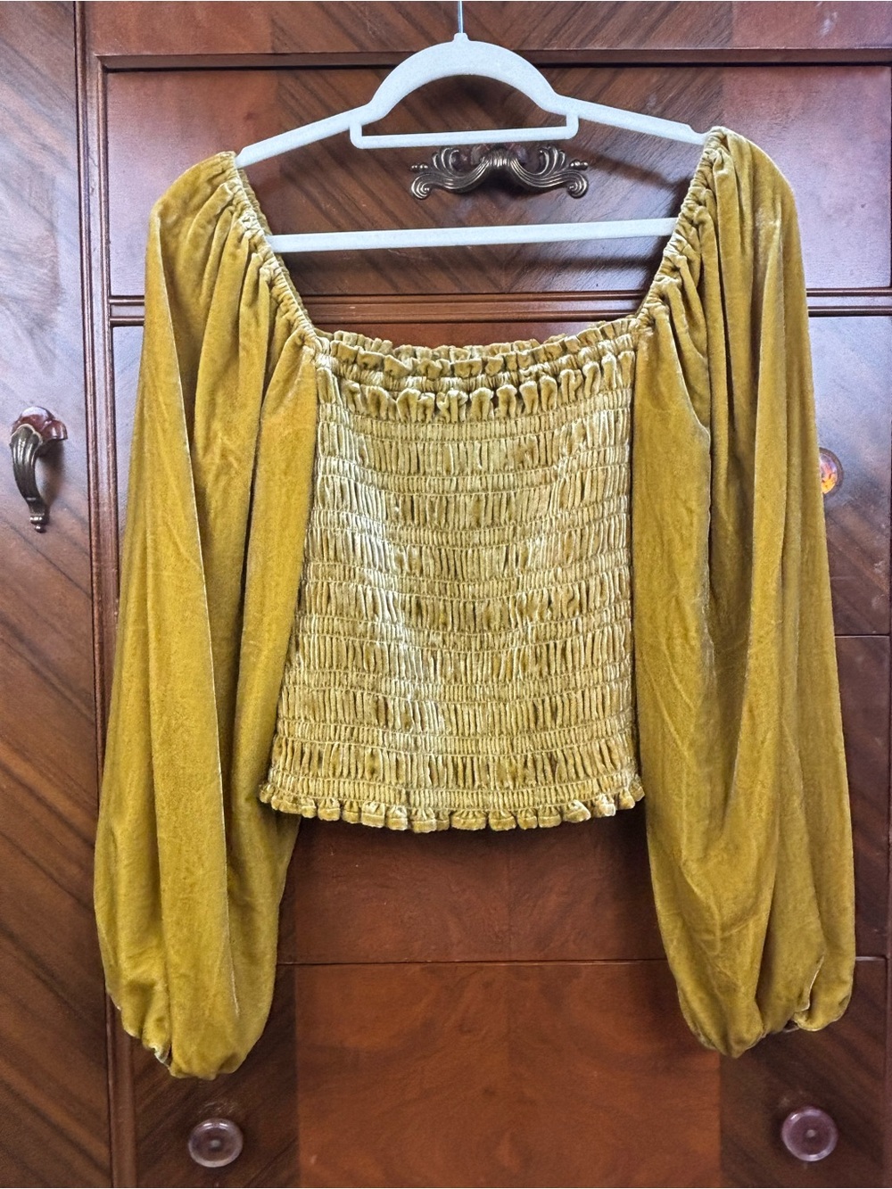 NWT By Anthropologie Mustard Yellow Velvet Smocked Puff Sleeve Blouse Size S